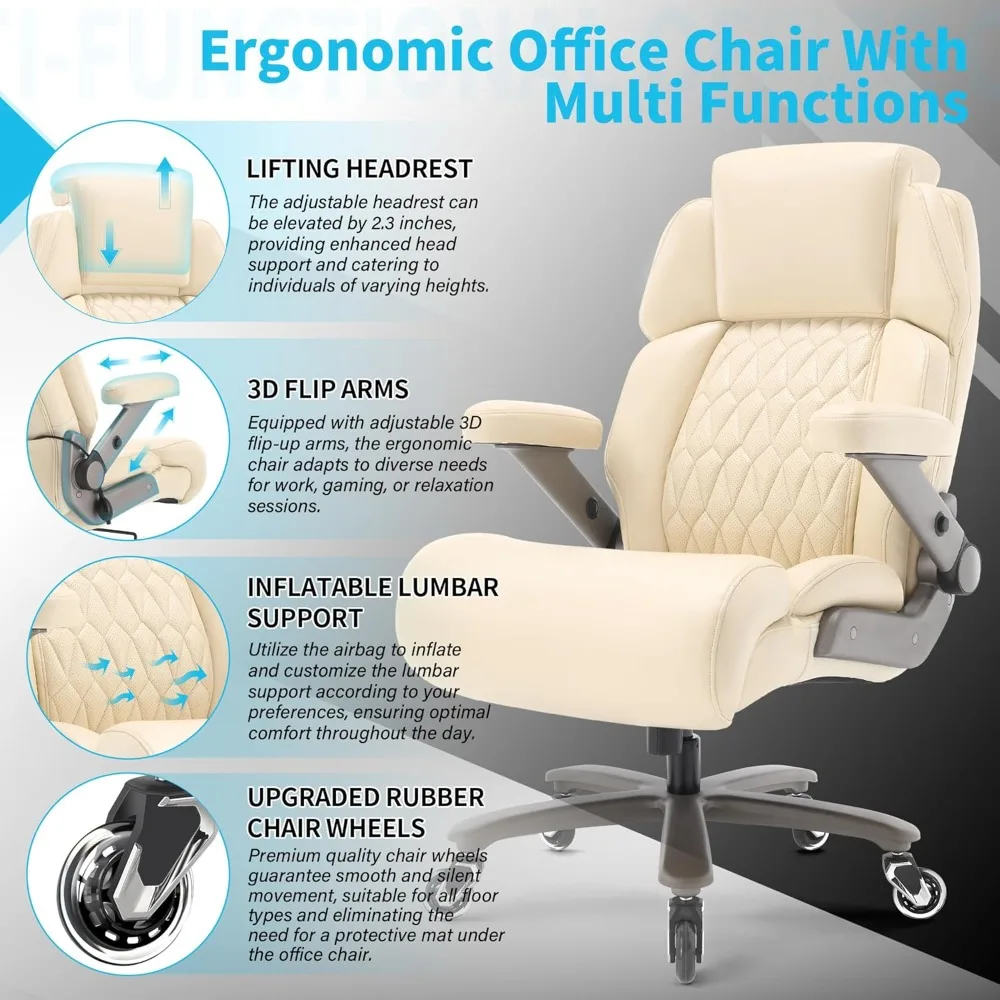"sturdy ergonomic office chair for 700lbs - adjustable headrest, lumbar support, flip-up arms, large casters, heavy-duty steel b