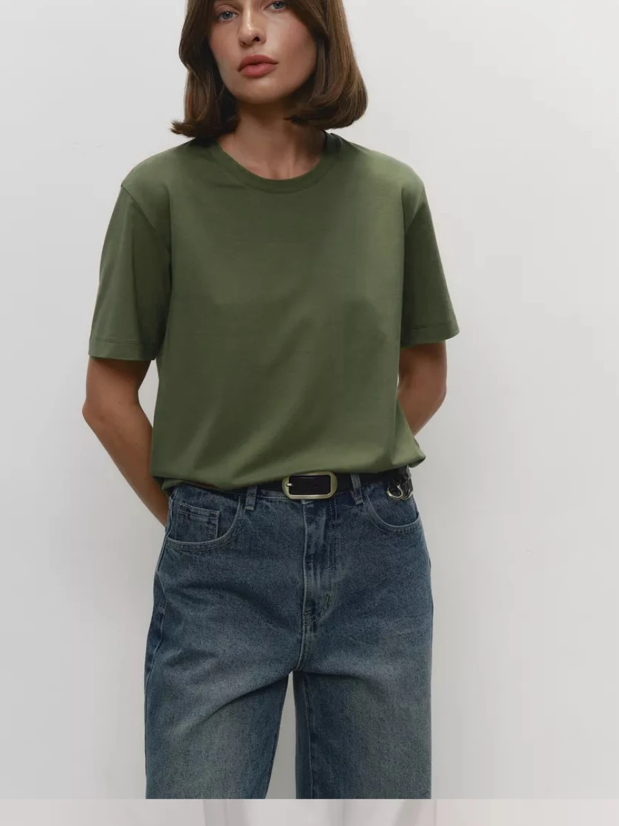 Bornladies Summer 100% Cotton Women's T-shirt Bottoming Basic Fashionable Lady Short Sleeve Loose Tops Shirts Solid 230g/㎡ Tops