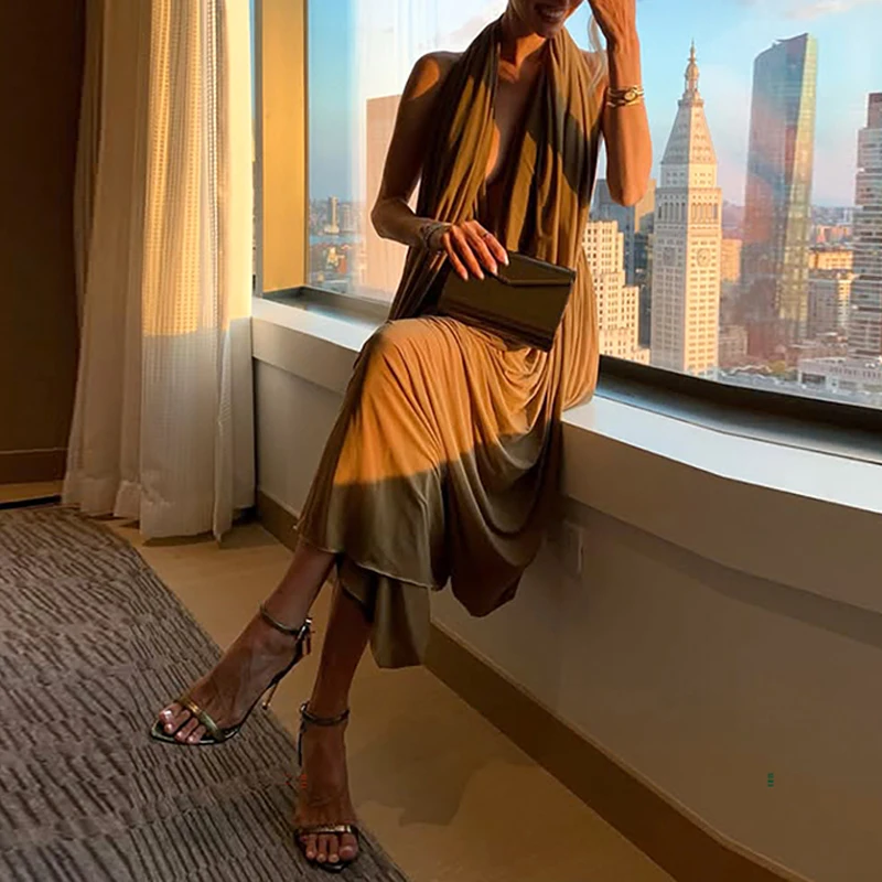 OMSJ Halter Ruched Irregular Backless Summer Sleeveless Trendy Bodycon Loose Maxi Dress Women Y2k Sexy Elegant Party Vestidos