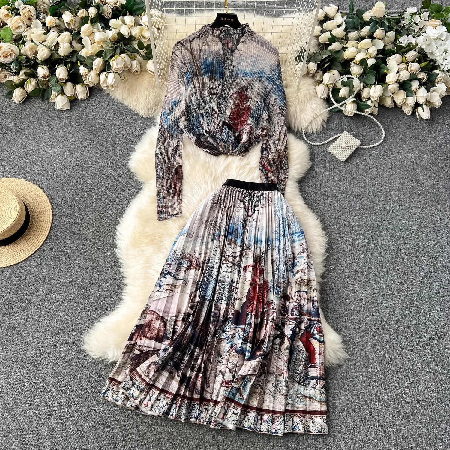 

2023 New Miyake Pleated Autumn 2 Piece Set Fashion Women Stand Collar Long Sleeve Printing Tops + Elastic Waist Midi Skirt Suits