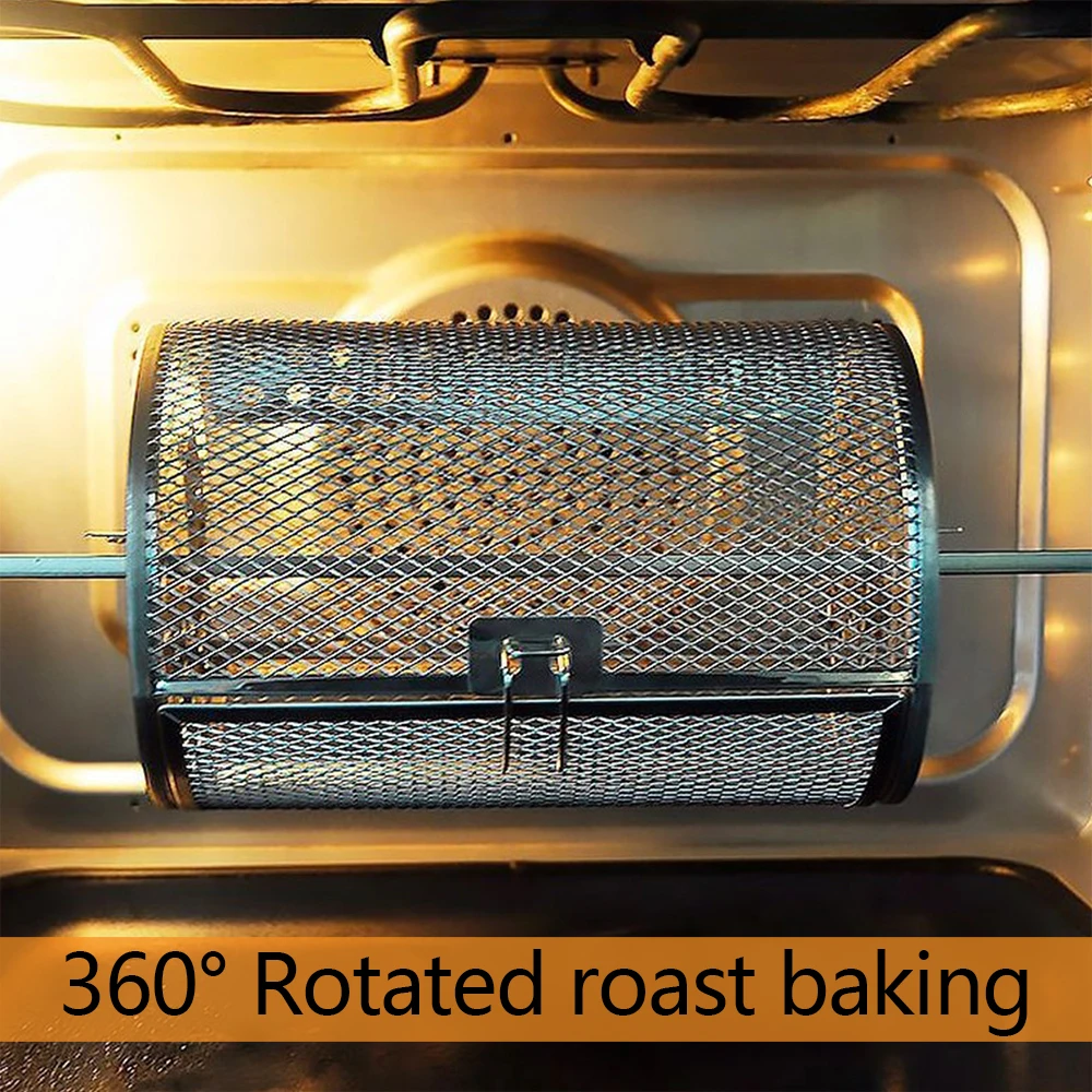 Rotisserie Basket 360° Rotated Stainless Steel Rotisserie Grill Roaster Non-Stick Washable Heat Resistant Oven Round Rack Basket