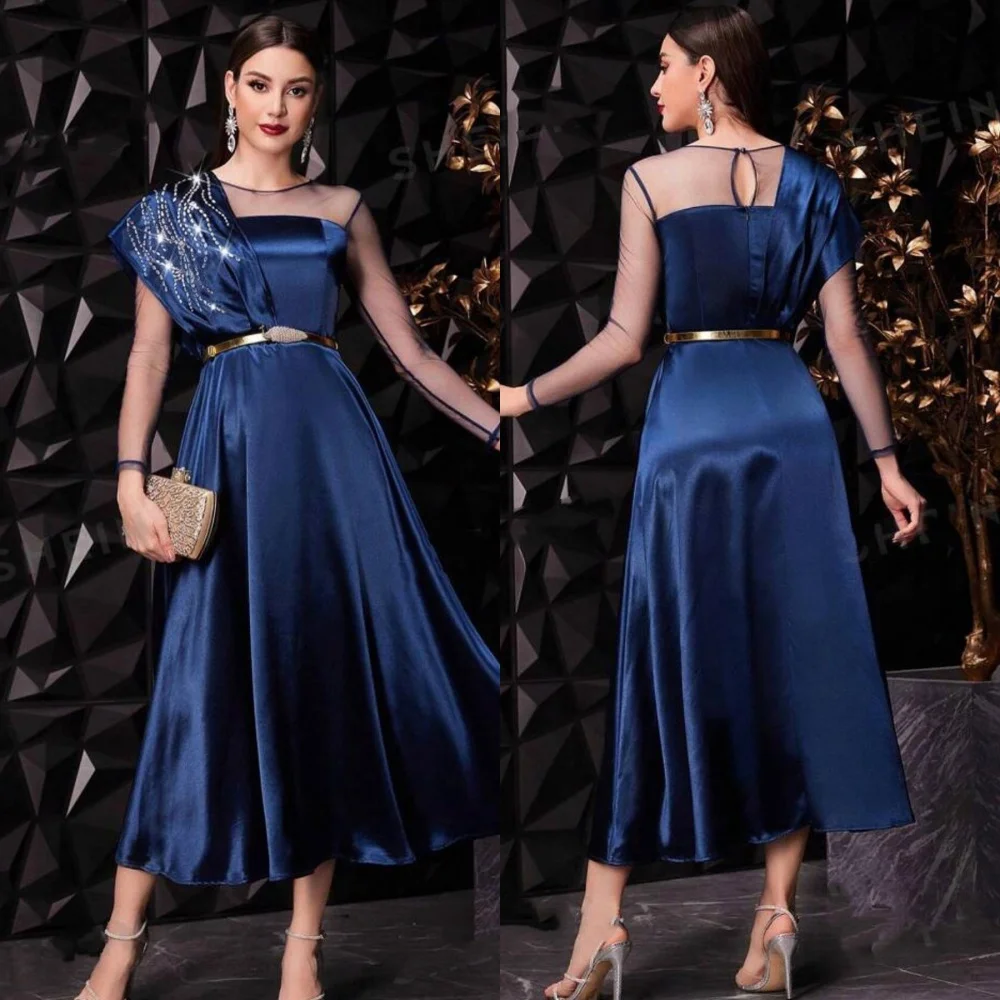 

Ball Dress Evening Saudi Arabia Satin Sequined Beading Ruched Birthday A-line O-Neck Bespoke Occasion Gown Midi Dresses