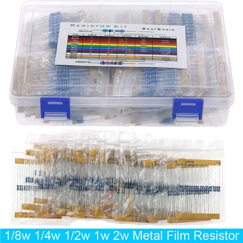 1/8W 1/4W 1/2W 1W 2W Metal Film Resistors Assortment Kit Box 1% 0 ohm-10 M Electronic Components resistor package Resistor Assortment