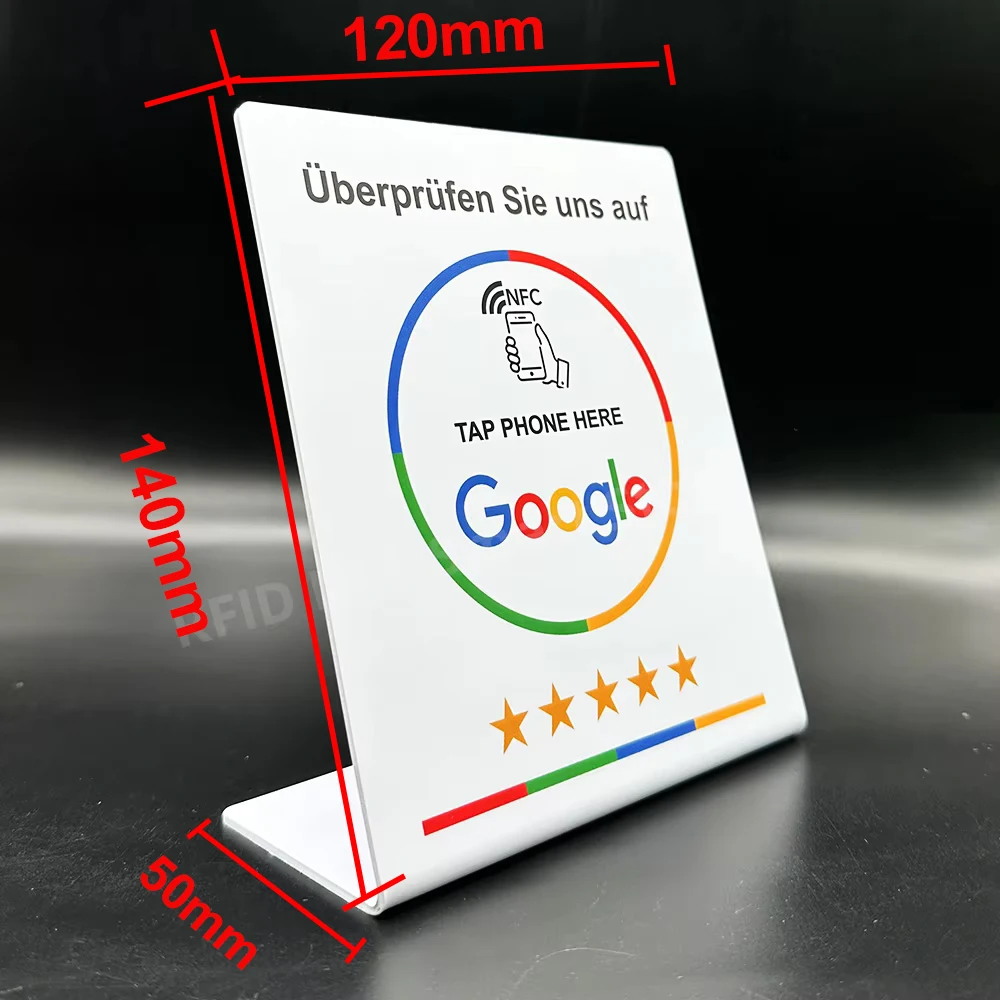 Programmable Acrylic NFC Stickers Table Stand - 13.56MHz Waterproof Google Review Card