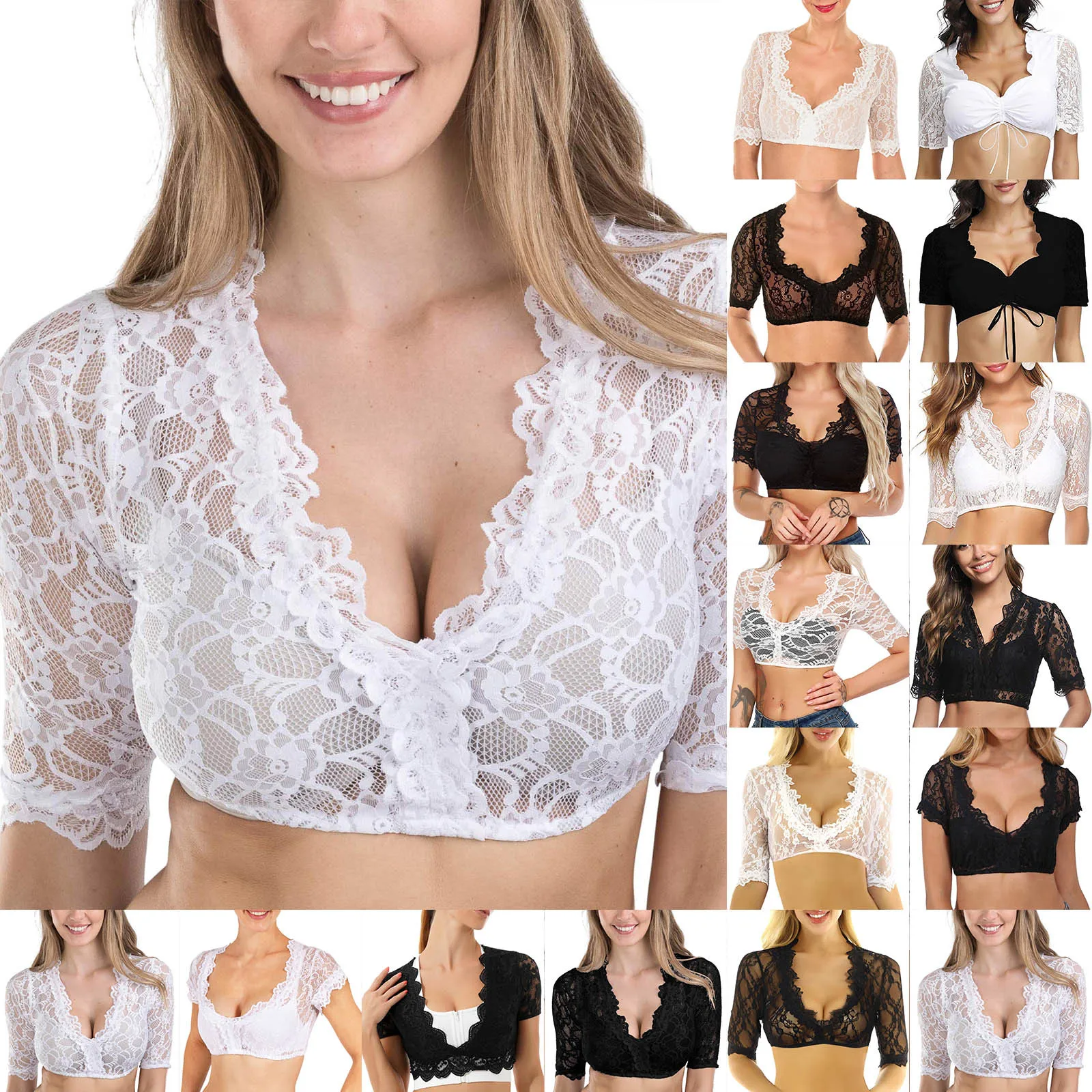 White Traditional Blouse Bavarian Oktoberfest Costume Wrap Crop Top Women Floral Lace Vintage Sexy Shirt BeerLace Dirndl Elegant women blouse
