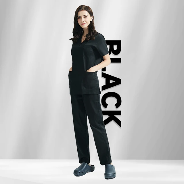 High Quality V-neck Scrub Tops Beauty Salon Nursing Elastic Waist Pants Unisex Breathable Surgery Uniform Medical Accessories Black