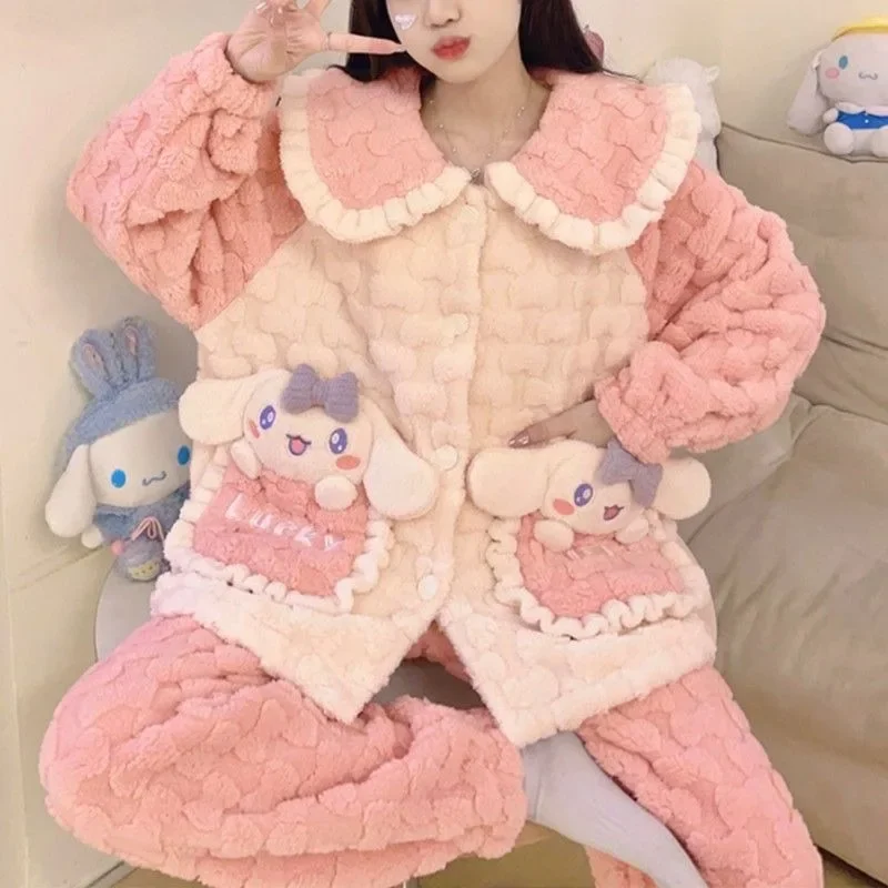 

New Coral Fleece Pajamas Women Thick Suit Lapels Cartoon Sweet Girls Flannel Loungewear Casual Warmth Famale Sleepwear Sets