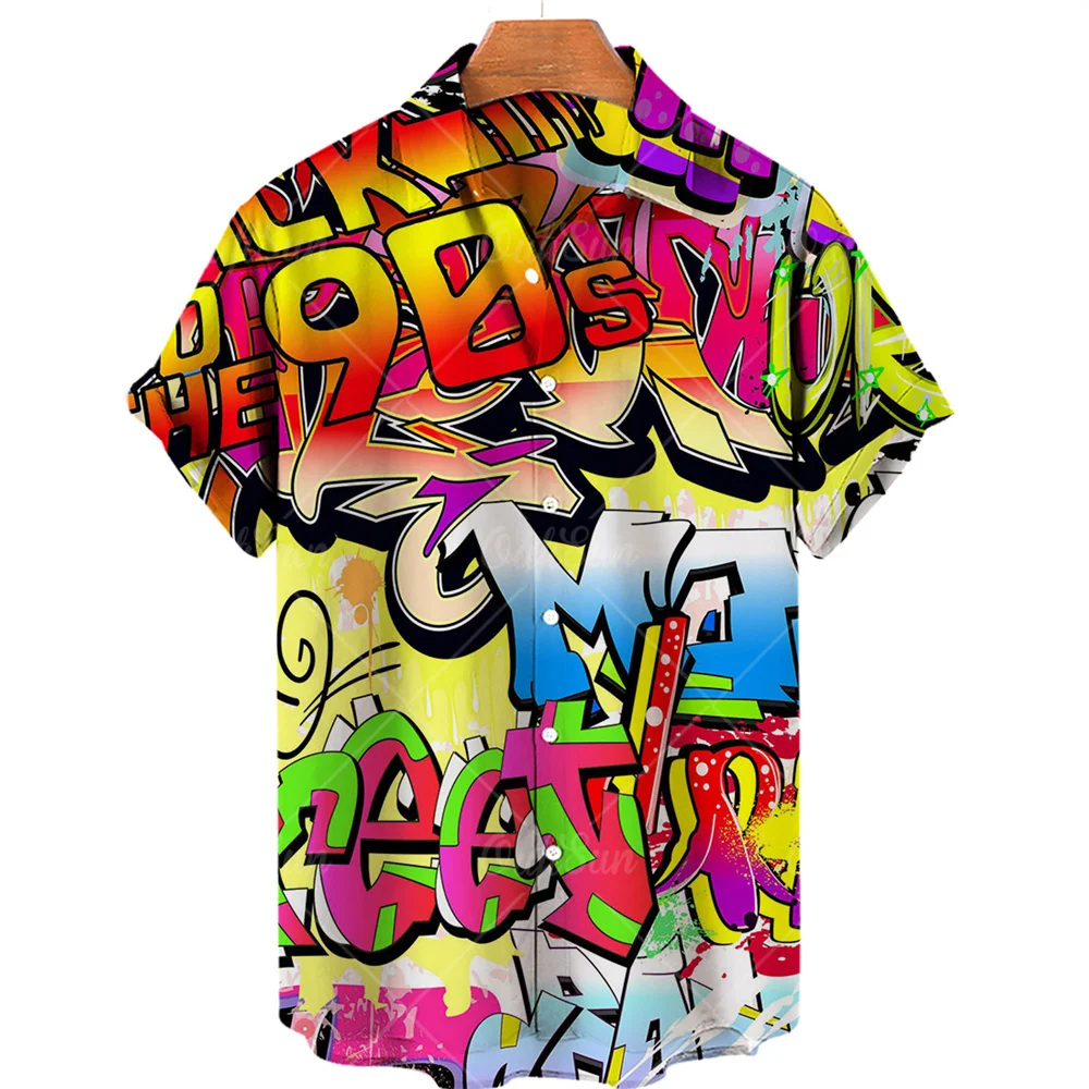 

Men's summer designer shirt, colorful graffiti 3D printed Hawaiian shirt, short sleeved, large floral fashion, retro