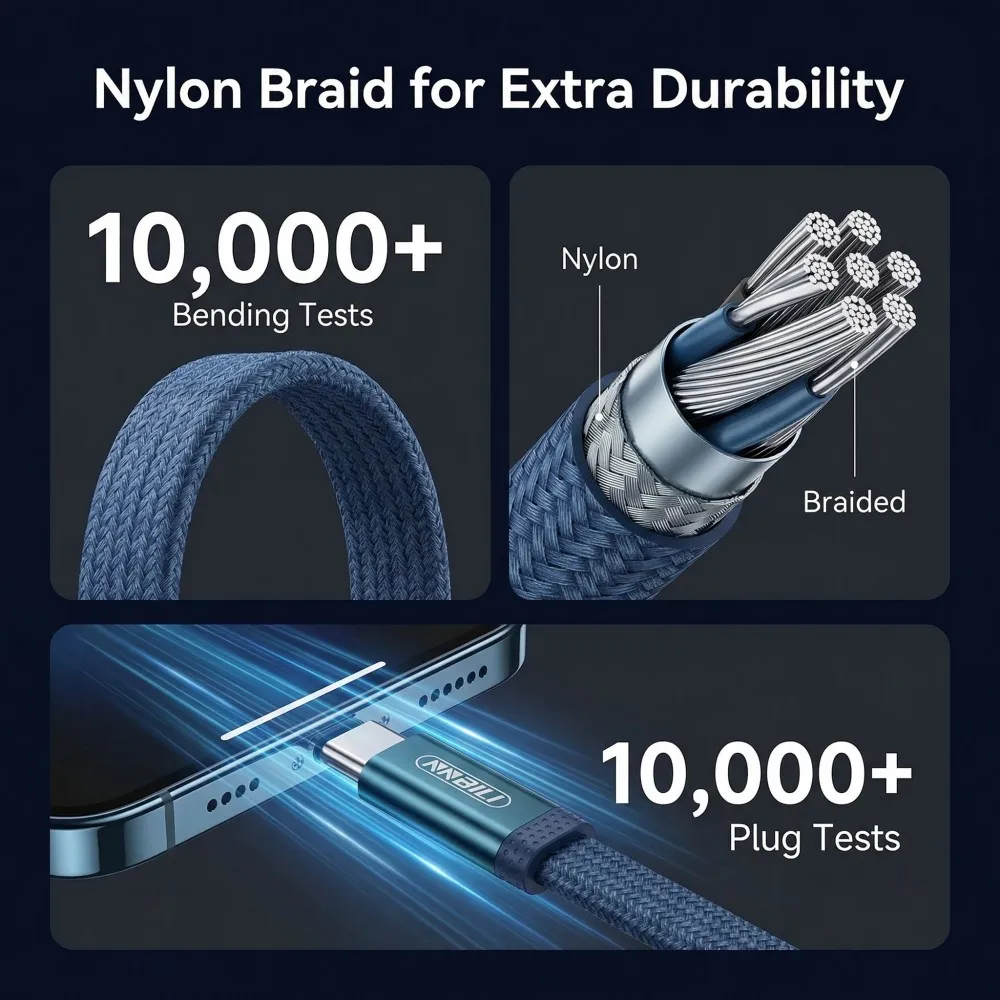 NNBILI PD 60W 플랫 듀얼 타입 C 데이터 케이블 고속 충전 3A USB C to USB C 고속 충전 케이블 아이폰 17 Pro 삼성 S26 맥북용