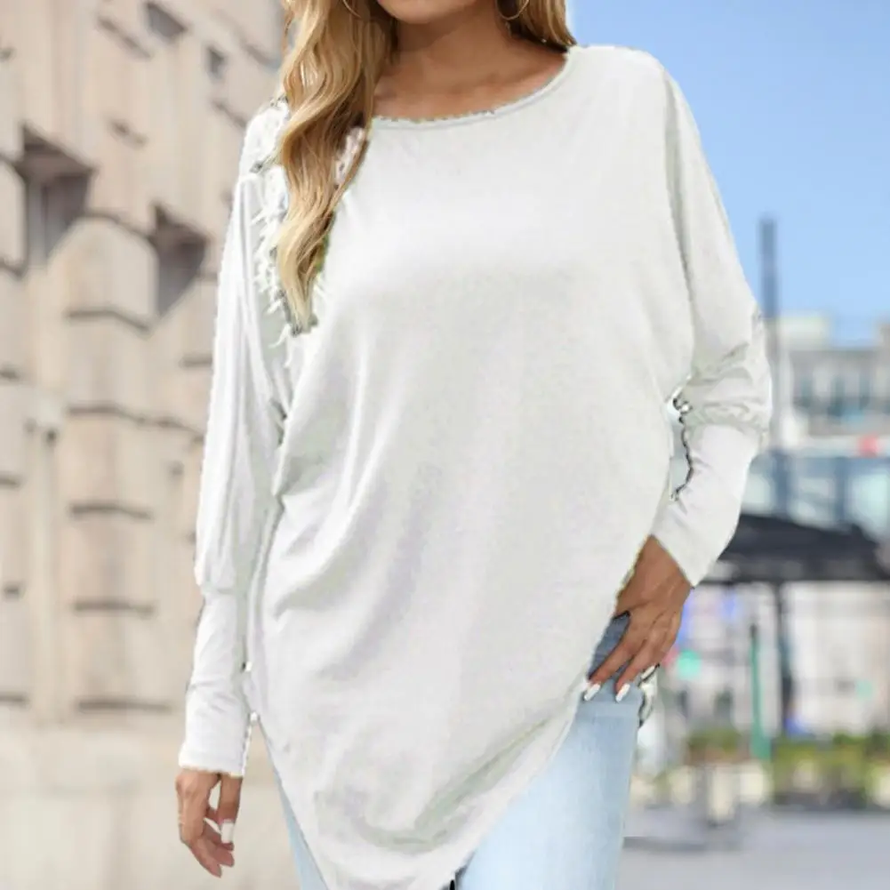 

Women O-neck Long Sleeve T-shirt Irregular Hem Solid Color Loose Fit Mid-length Tops Casual Tees Streetwear