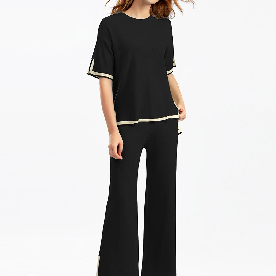 Casual Elegant Women's Sets Autumn/Winter Sportswear O-neck Hoodie Short Sleeve Sweater Wide Leg Pants Set Long Pants 2-piece