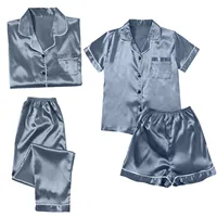 4PCS Women's Blue Pajamas Sets Silk Satin Top Pant Long sleeve Solid Button-Down Pyjamas Satin Set Nightgown Ladies Sleepwear 1