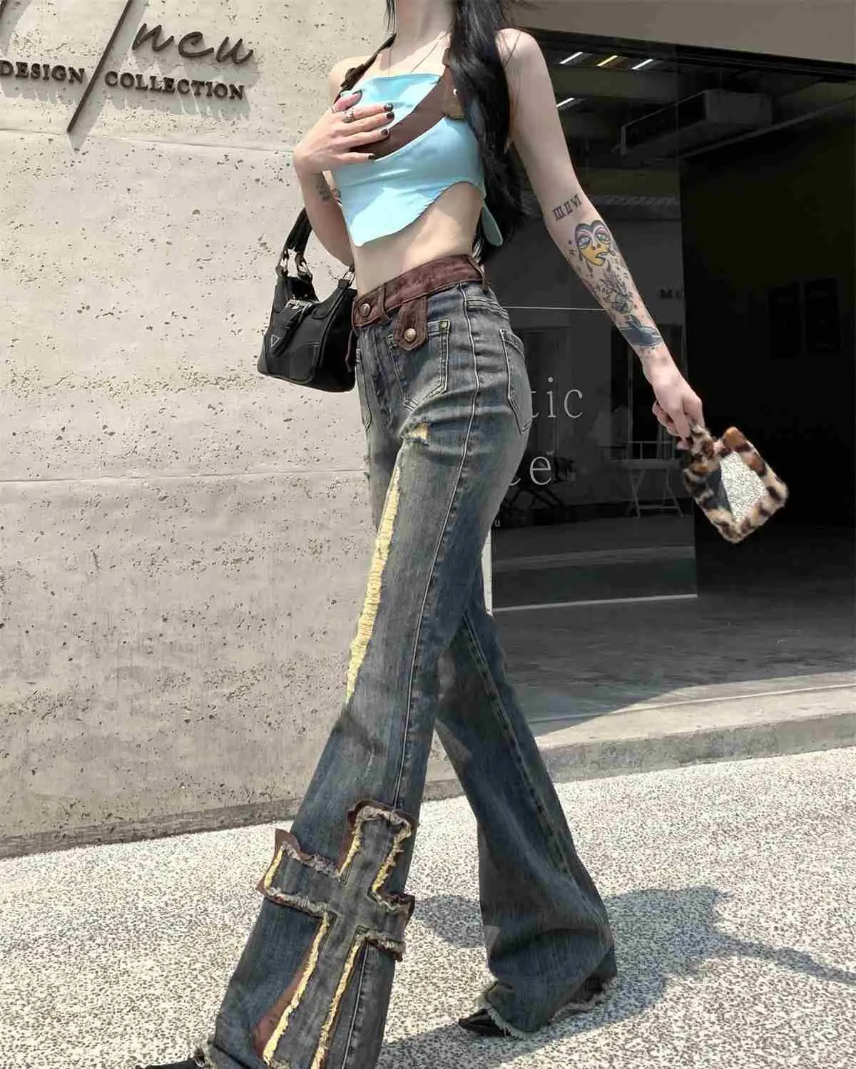 2024 New Model Cross Patchwork Low Waist Elasticity Pants For Women Destroyed High Rise Slim Trousers Flare Jeans Retro Korean