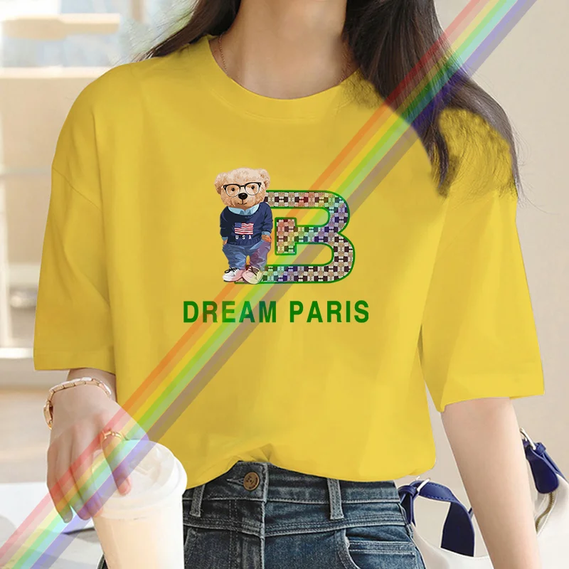 New fashion cartoon letter Bear print women's T-shirt street wear large casual Y2K cotton top summer women's short sleeve