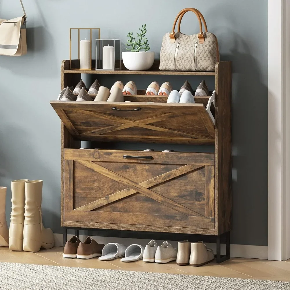 

Shoe Storage Cabinet with 2 Flip Drawers, Freestanding Organizer with Metal Legs for Entryway, Narrow Shoe Rack Cabinet