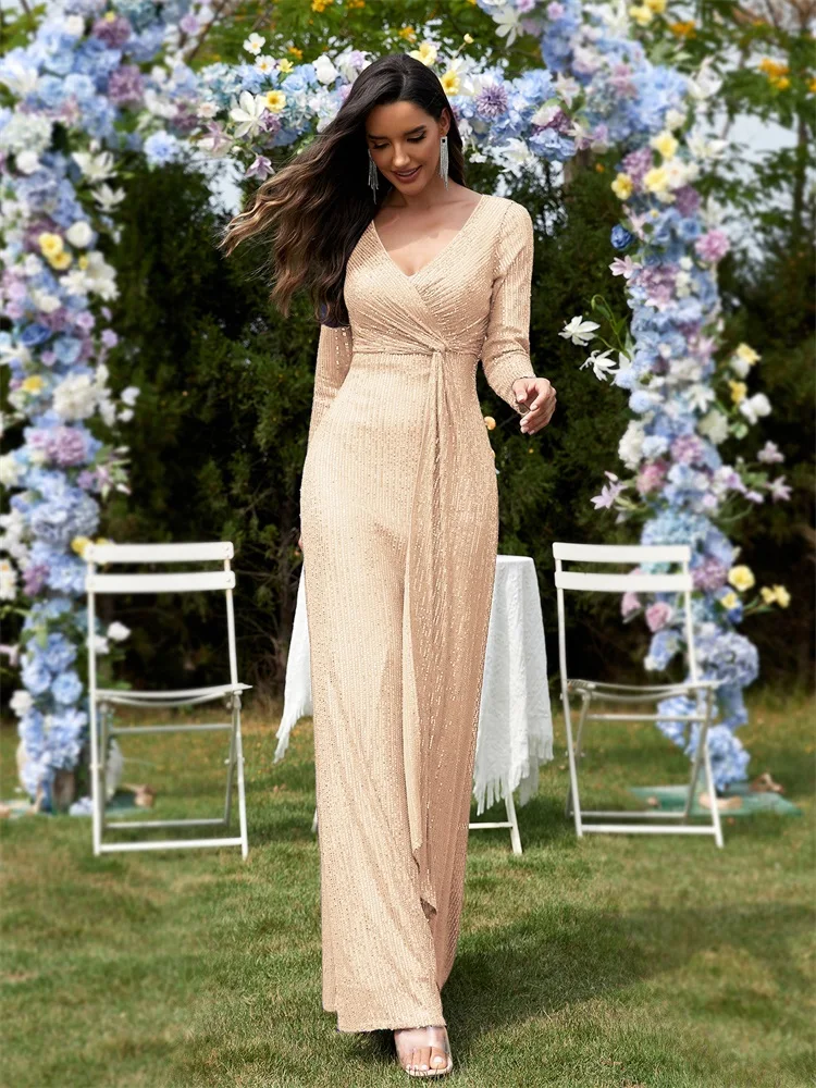 Lucyinlove luksusowa elegancka suknia wieczorowa z długim rękawem i dekoltem w serek 2024 kobiet elegancka sukienki koktajlowe na wesele z cekinami