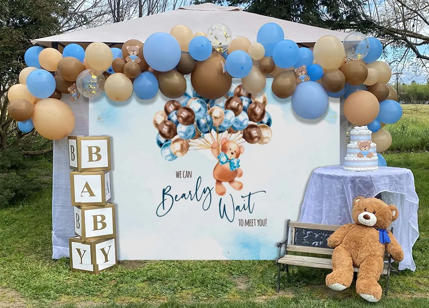 Bear Backdrop Hot Air Balloons Baby Shower We Can Bearly Wait Kids Birthday Party Photography Background Decor Banner photo backdrop