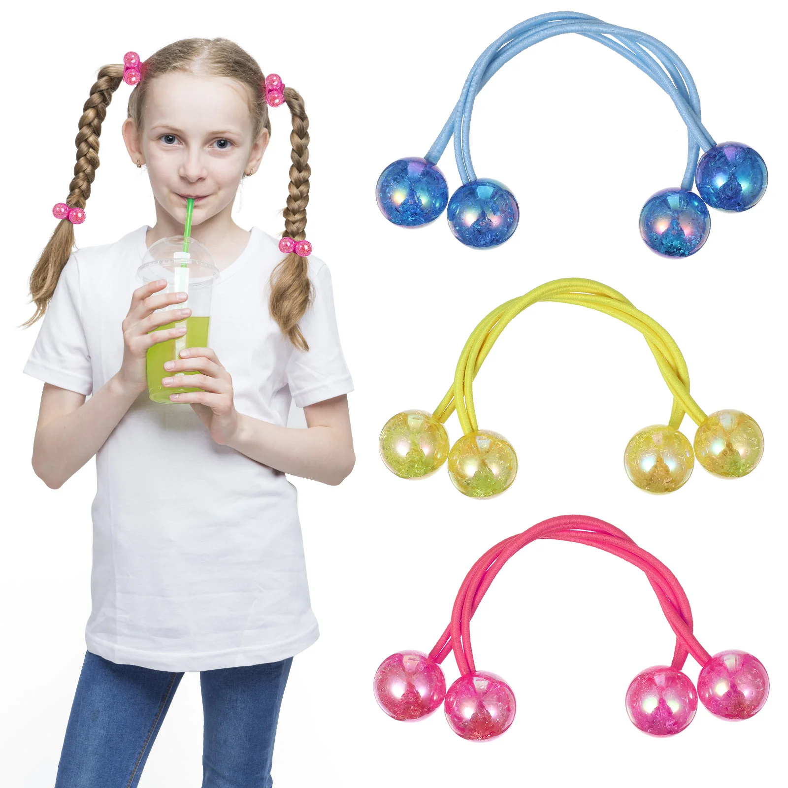 

3 Pairs Acrylic Ball Hair Ring Barrettes Ribbons Rubber Bands Accessories Elastic Ties Hairpin Pearl