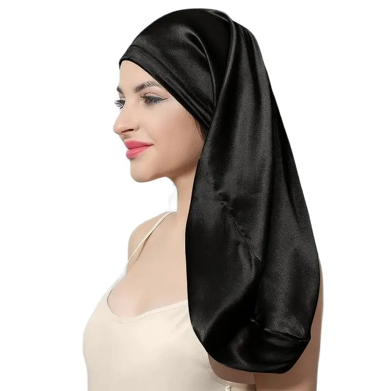 Birdtree 60cm 6A 100%Real Silk Bonnet Women Elastic Wide Edge Long Hair Hat Sleeping Hats Silk Wrap Night Hair Care Cap A41104QC 5