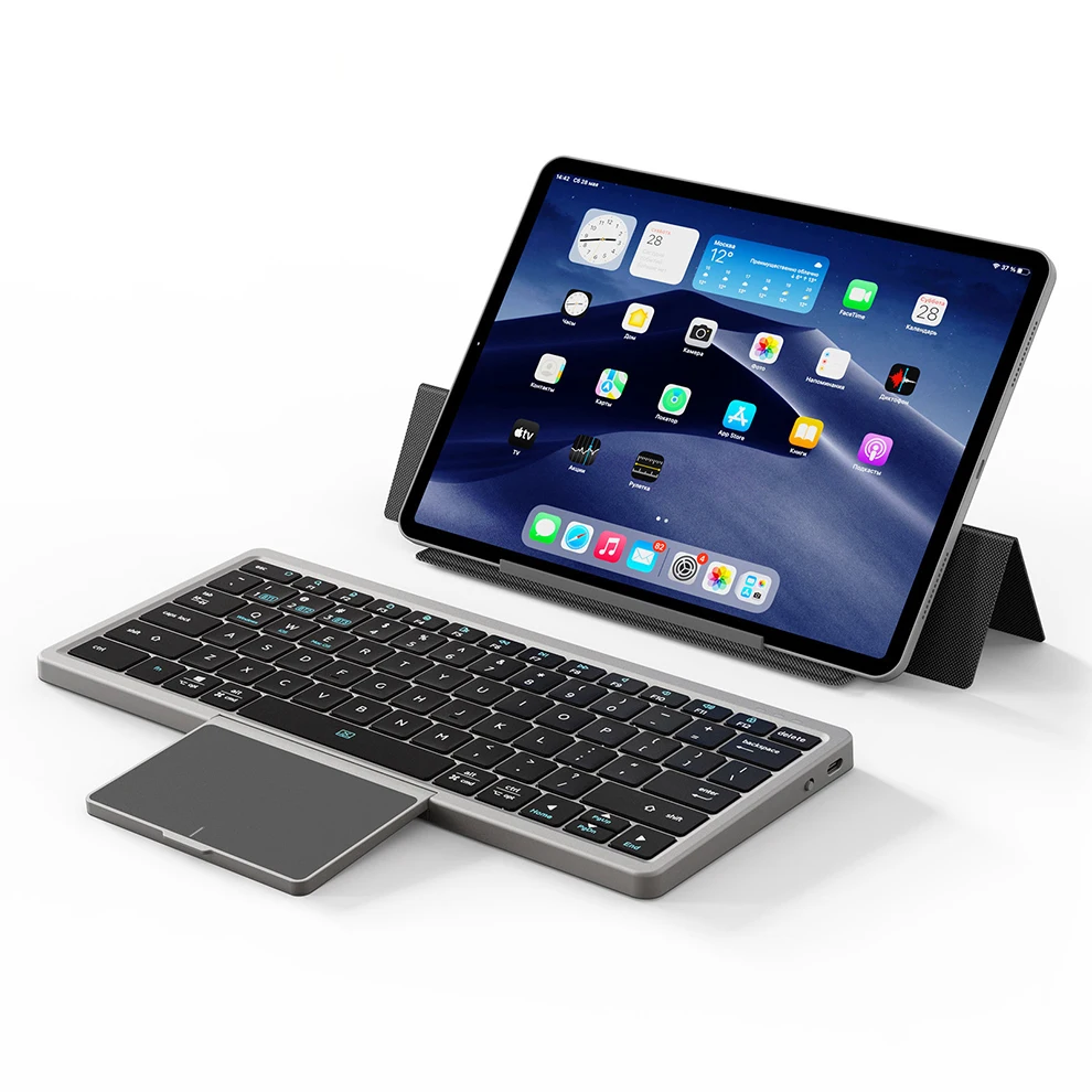 Teclado sem Fio Dobrável com Touchpad Bluetooth Multi Dispositivo Ipad Laptop Windows Android Ios Capa de Couro