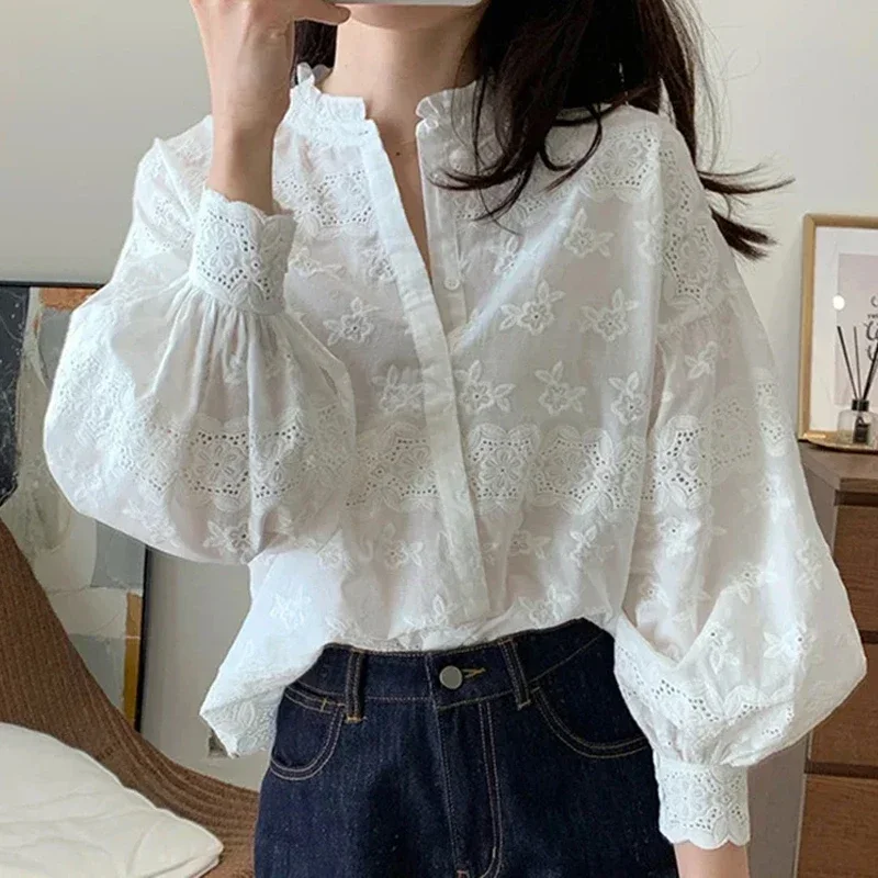 

Elegant Korean Ruffled Lantern Sleeve Woman Shirts White Embroidered Lace Blouse Women Vintage Hollow Blusas Loose Tops 29738