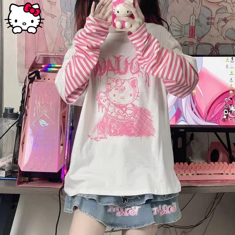 

Sweet Cool Sanrio Hello Kitty Tops Women 2022 New Loose Long Sleeved T-shirts Splicing Design Harajuku Aesthetic Tee Shirts Y2k