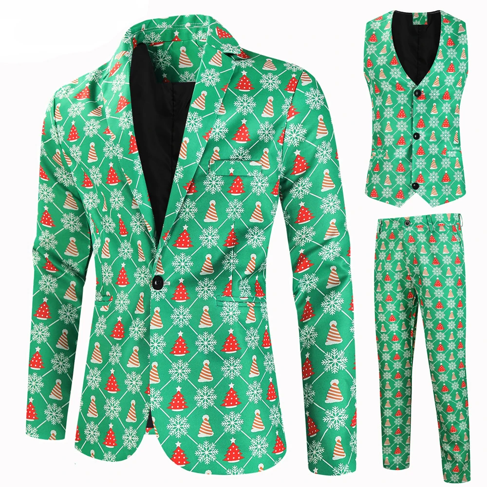 thumbnail image 1 of Traje navideño de 3 piezas para hombre, con estampado de copos de nieve y muñeco de nieve, traje informal de manga larga, chaqueta de un solo pecho, pantalones y chaleco, conjunto para Navidad, 1 of 5