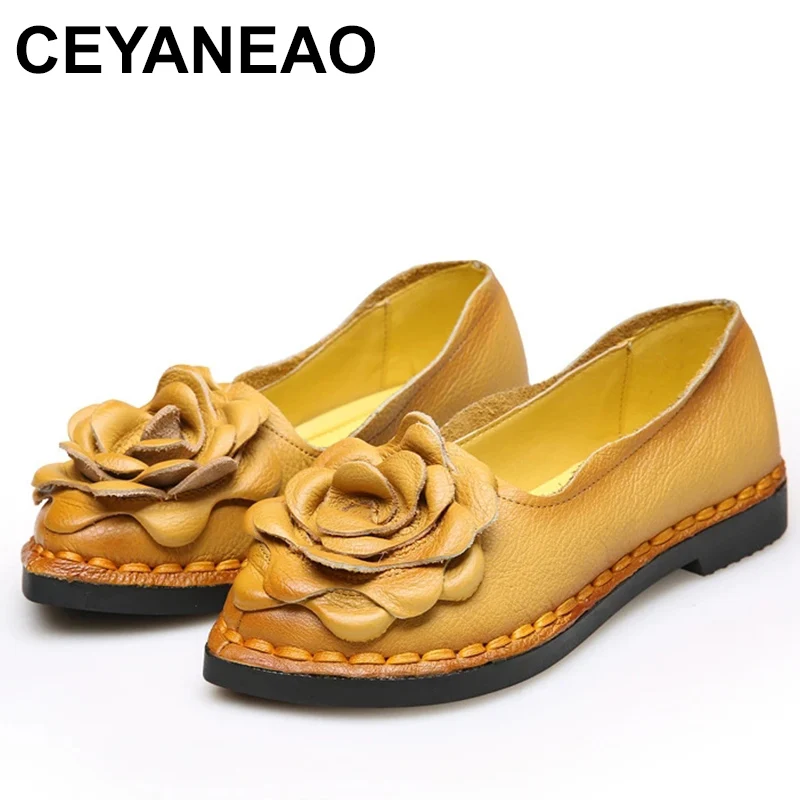 

2023New Vintage Handmade Folk Style Women Flats Casual Shoes Genuine Leather Lady Soft Bottom Shoes for Mother Fashion Loafers