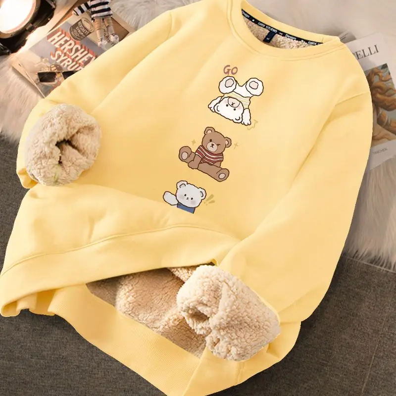 Cute Cartoon Print O Neck Sweatshirts Women Loose Casual Vintage Pullover Hoodies Thickend Warm Autumn Winter 2023 Korean Tops