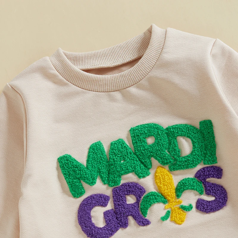 Baby Girl Boy Mardi Gras Outfit Long Sleeve Mardi Gras Letter Print Romper Oversized Sweatshirt Newborn Bodysuit 5