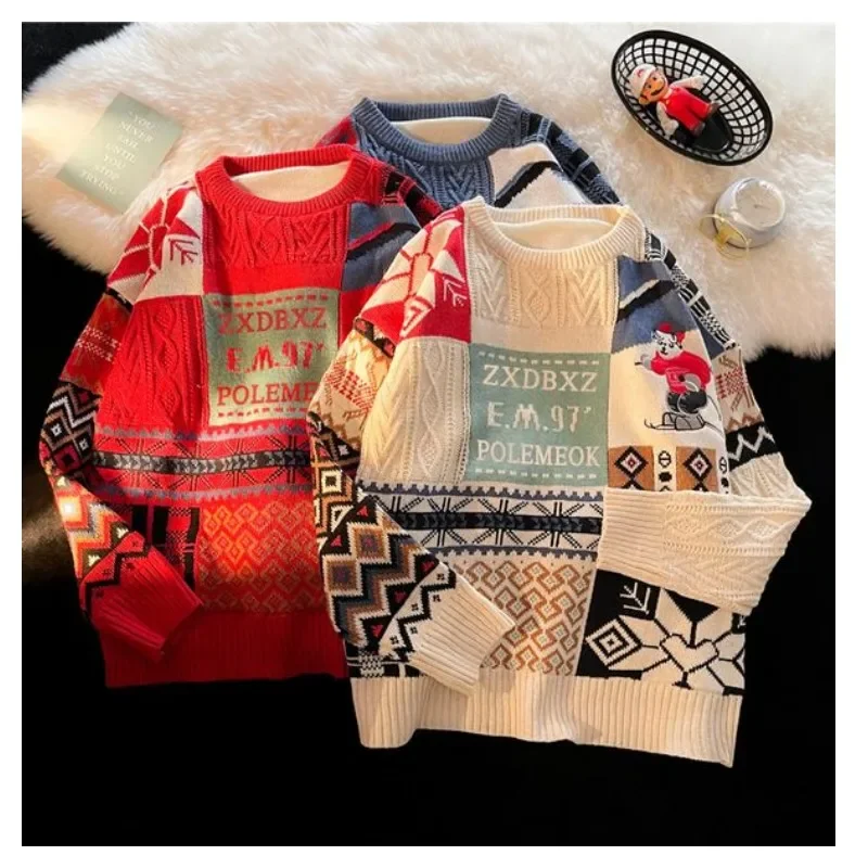 Christmas Sweater Men's Winter Plush Thickened Warm Knit Shirt American Loose Fashion Couple costume Sweater