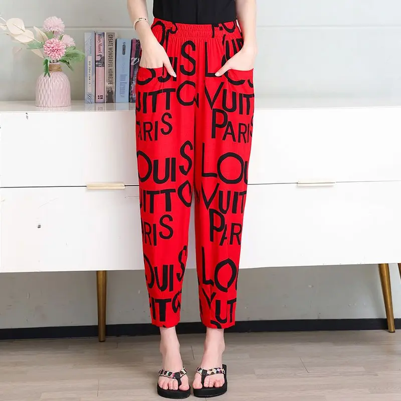 2023 New Summer Retro Art High Waist Printed Bloomers Fashion Thin Oversize Loose Casual Versatile Nine Cent Harem Pants