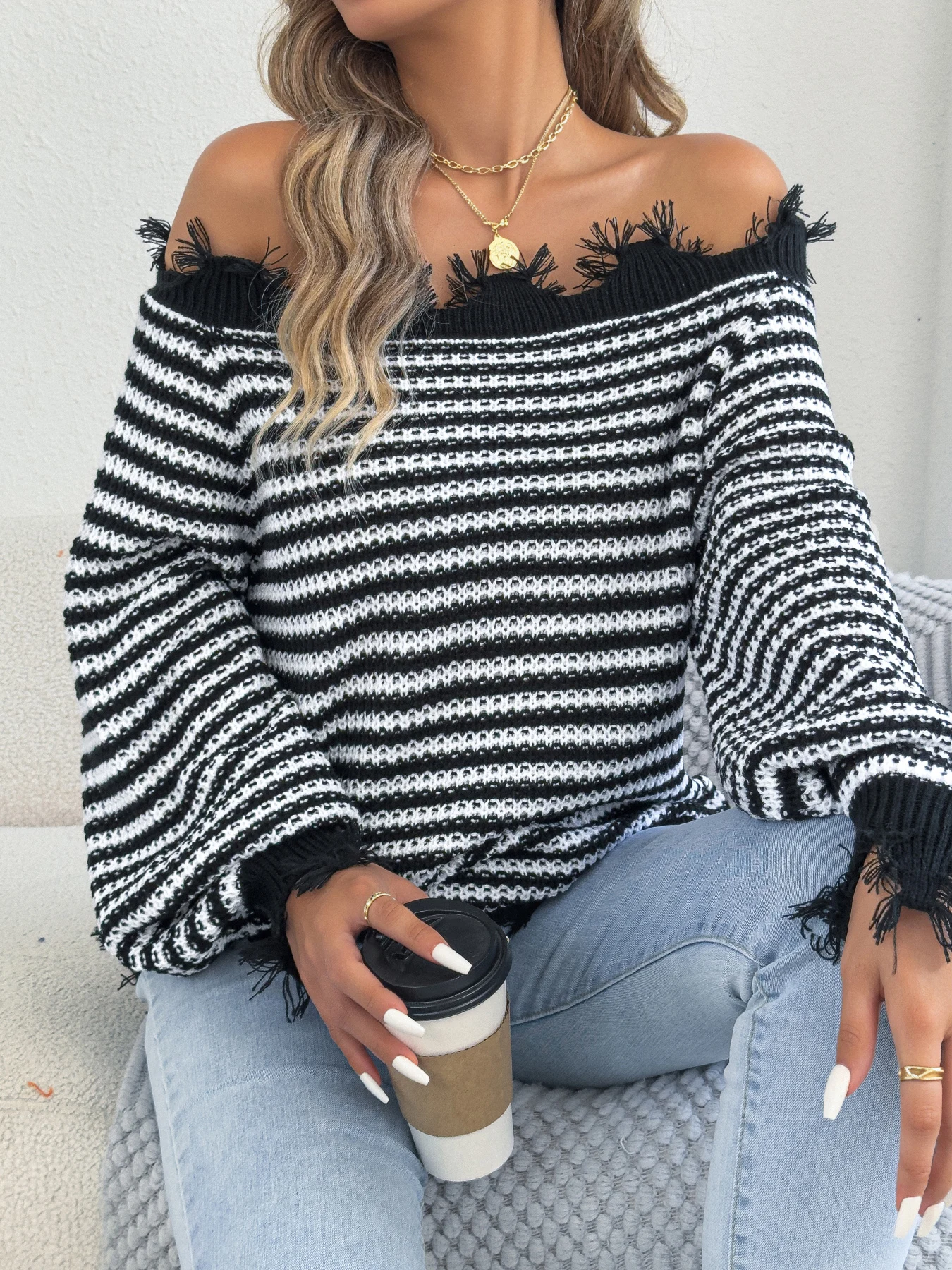 Women Elegant Tassel Striped Sweater Autumn Winter