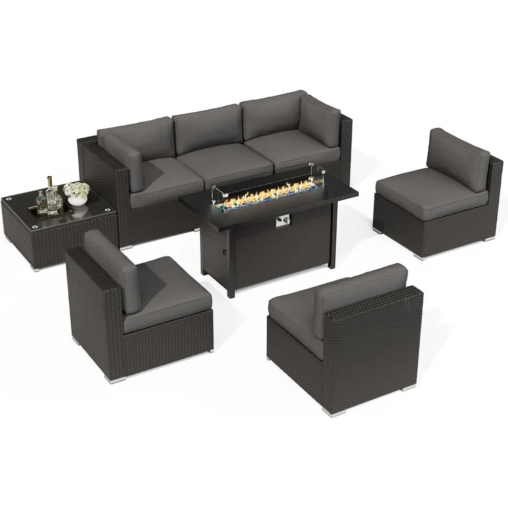 Outdoor 8-piece all-weather rattan segmented dialogue set, equipped with a glass coffee table, cushion, and fire pit table 2