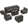 Outdoor 8-piece all-weather rattan segmented dialogue set, equipped with a glass coffee table, cushion, and fire pit table 2