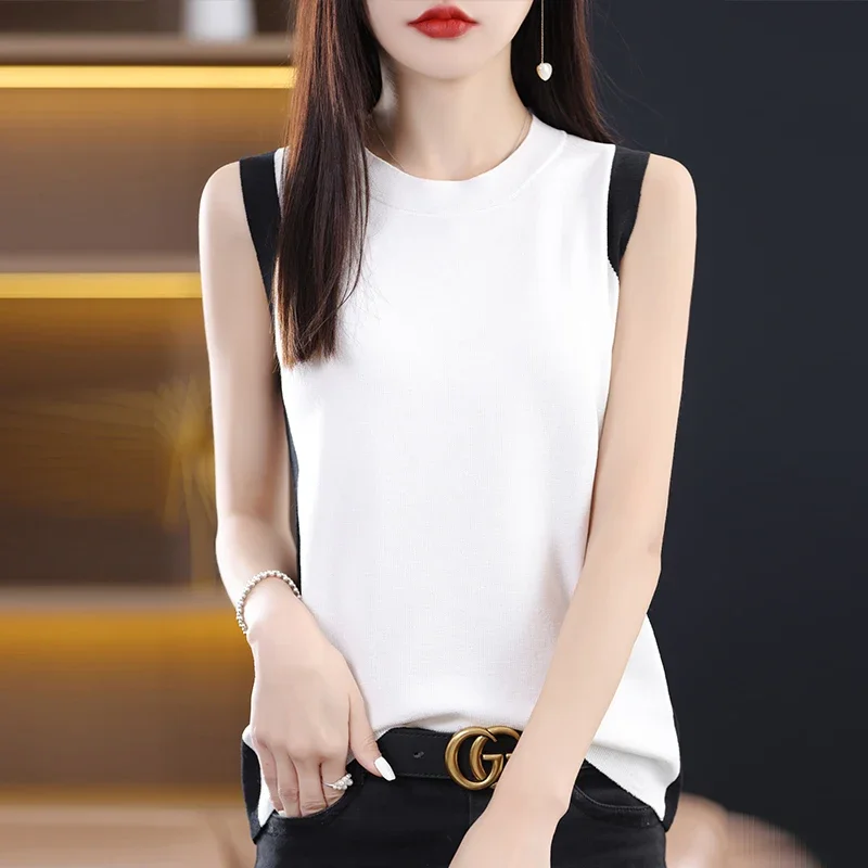 

Summer New Colored Collar Sleeveless Women with LIce Silk Lnner and Outer Wear Thin Pullover Knitted Tank Top D152