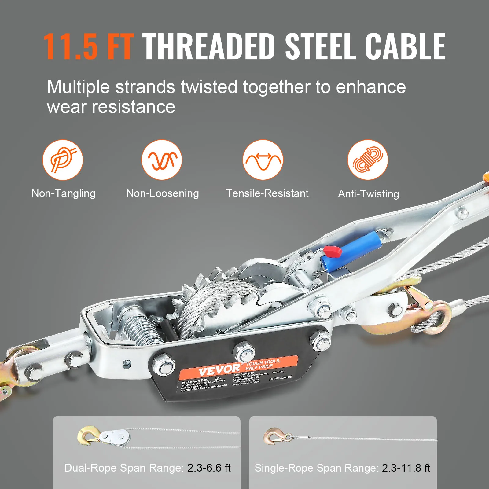 VEVOR Come Along Winch 5 Ton (11,023 lbs) Pulling Capacity 11.5 ft Steel Cable 3 Hooks Heavy Duty Ratchet Power Puller Tool