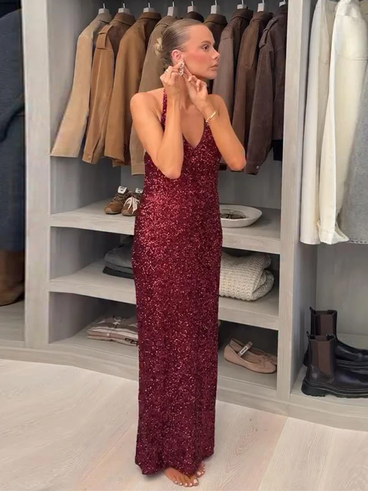 Elegant Trendy Sequin Halter-Neck Maxi Dress