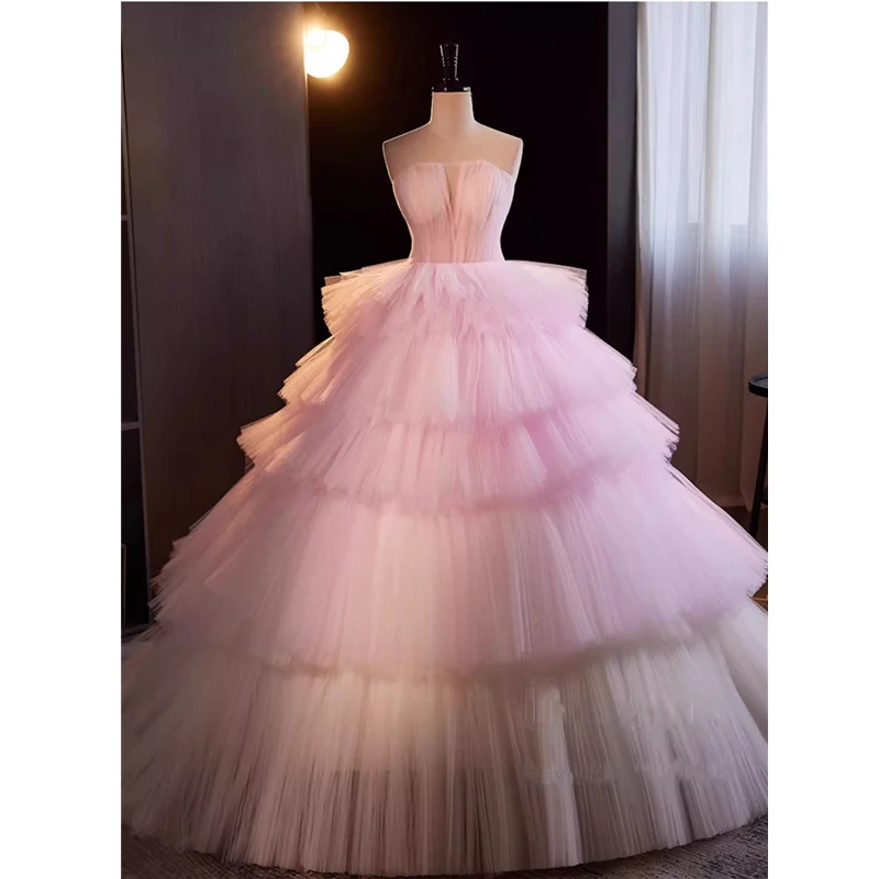 

Bespok Occasion Dress Pink Tulle Strapless Lace up Princess Floor-length Plus size Ruched Women Evening Party Gown Customization