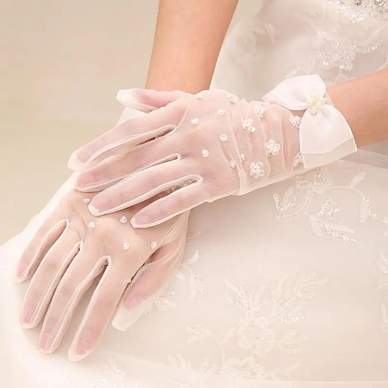 

Women Girls Summer Gloves Sequins Mesh Solid Color Imitation Pearl Bowknot Full Finger Mittens for Wedding Party