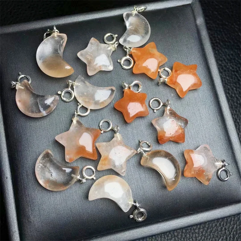 

5PCS Natural Red Fire Quartz Hematoid Star And Moon Necklace Crystal Carved Figurine Gift Fashion Jewelry For Women