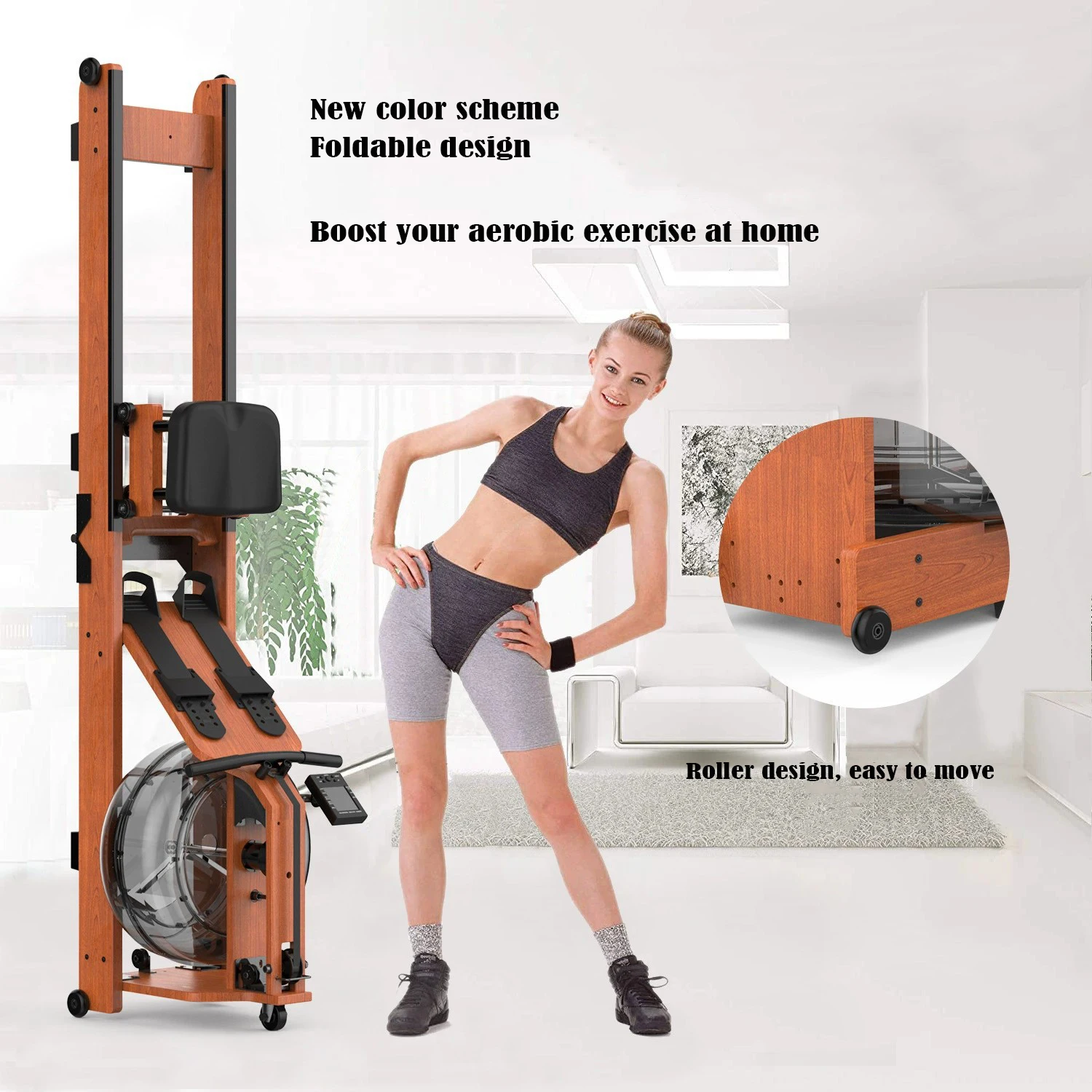 Water resistance rowing aerobics equipment Foldable solid wood resistance rowing machine Water machine