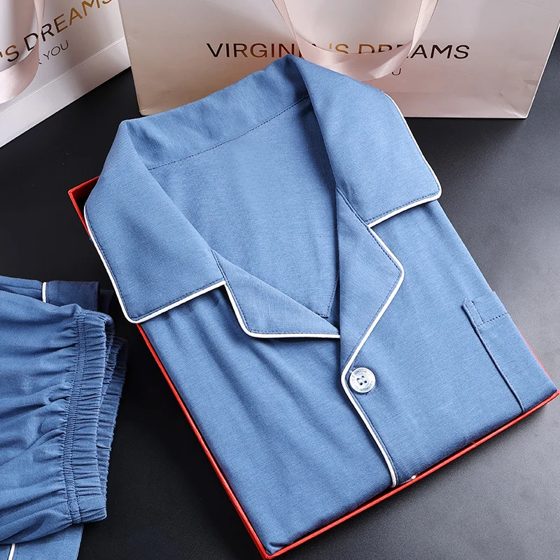 autumn solid modal sleepwear men summer long sleeves home clothes button down pajamas set men blue nightwear pjs pijamas homme Men Modal Pajamas Set Short Sleeve+Trousers Man Sleepwear Nightwear Home Clothes Pyjamas Blue Pj Set Pijamas Homme High Quality