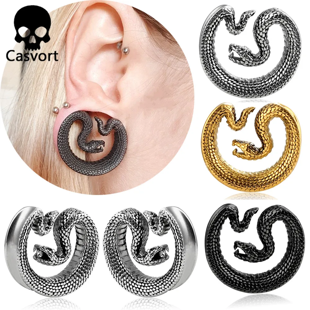 Casvort 2 Pcs 316 Stainless Steel Cool Snake Saddle Ear Plugs Tunnels