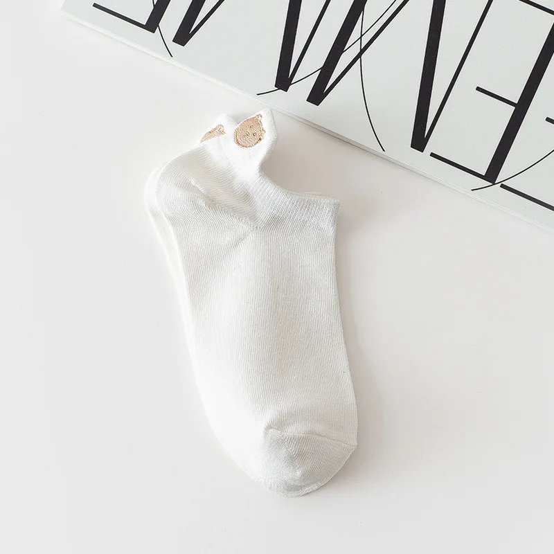 5 Paar süße weiße Socken für Damen, bestickt, kurze Söckchen, Kaffee, Kaninchen, Bär, Schleife, Liebesherz, Ausdruck, Baumwoll-Bootssocken – Detail 7