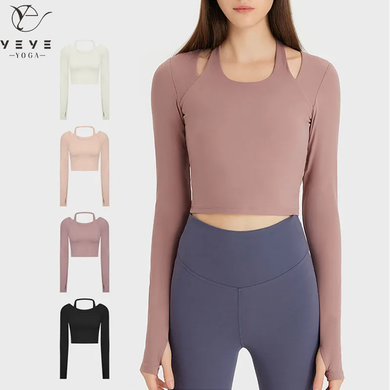 

Halter Neck Workout Gym Long Sleeve Shirts Women Naked Feel Plain Sport Long Sleeve Crop Tops with Thumb Holes