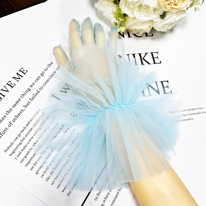 

1pair Short Wrinkled Thin Transparent Solid Color Evening Dress Gloves Wedding Exquisite Mesh Gloves Stage Performance Props