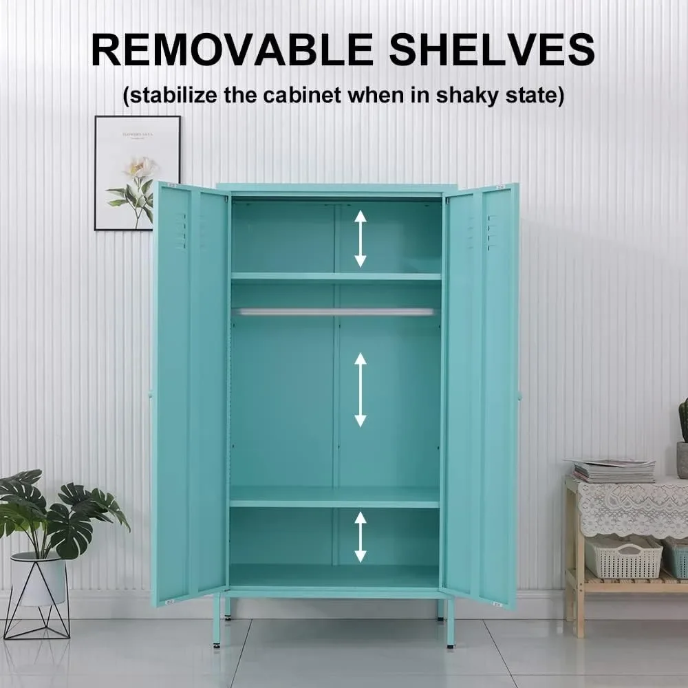 2 Magnetic Doors Steel Wardrobe Kids Closet Storage Accent Cabinet with Hanging Rod and 2 Laminate,Metal Children Tall Storage 4