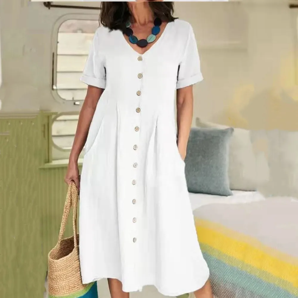 Vestido De Lino Y Algodón Para Mujer - Manga Corta, Corte Recto, Tallas Grandes, Casual Para Primavera Y Otoño
