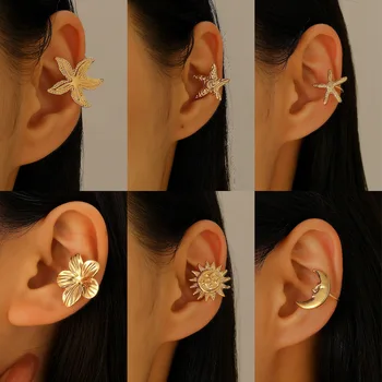 Fashion Vacation Style Star Sun Moon Flower Ear Clip Earrings For Women Jewelry Ear Cuffs Without Hole Gold Color Fake Earrings